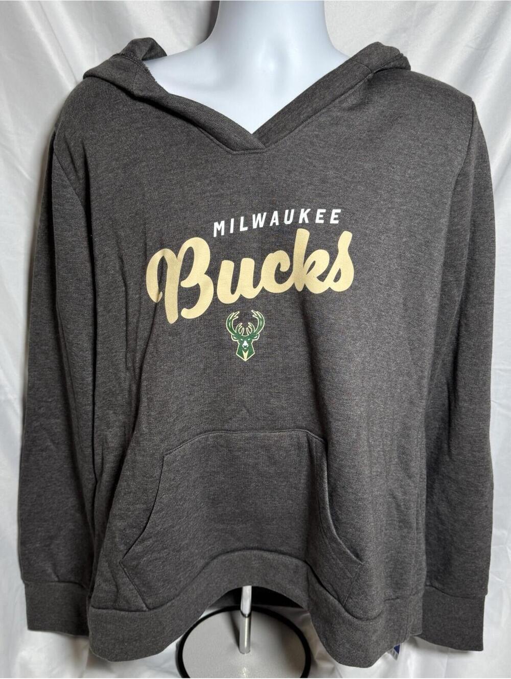 Logo Athletic Gray Milwaukee Bucks Triumphant V-Neck Pullover Hoodie Womens XXL